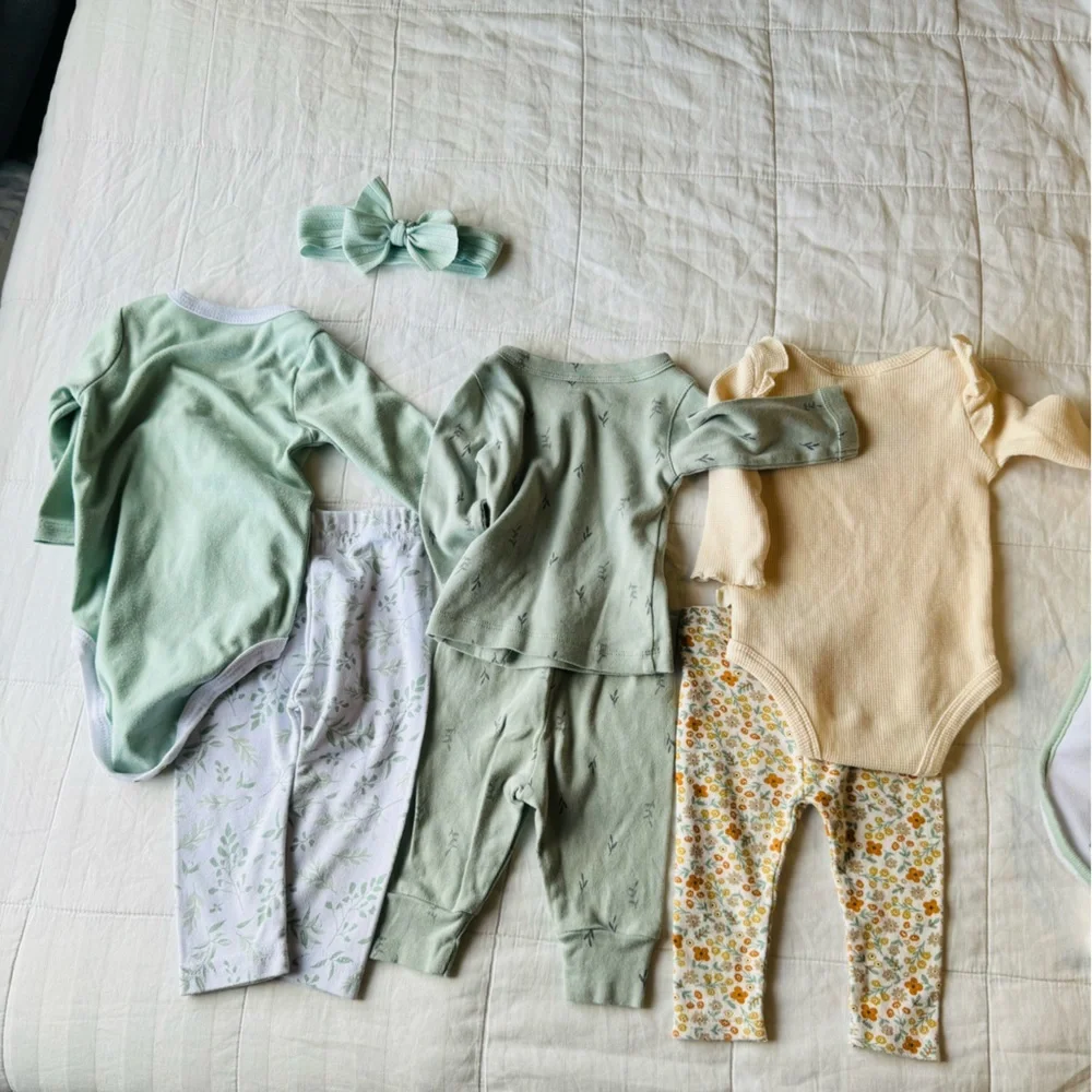 Baby Girl 9 piece set 3-6 Bundle Clothing Sets Lot Fuzzy Jacket Biege Sage Green